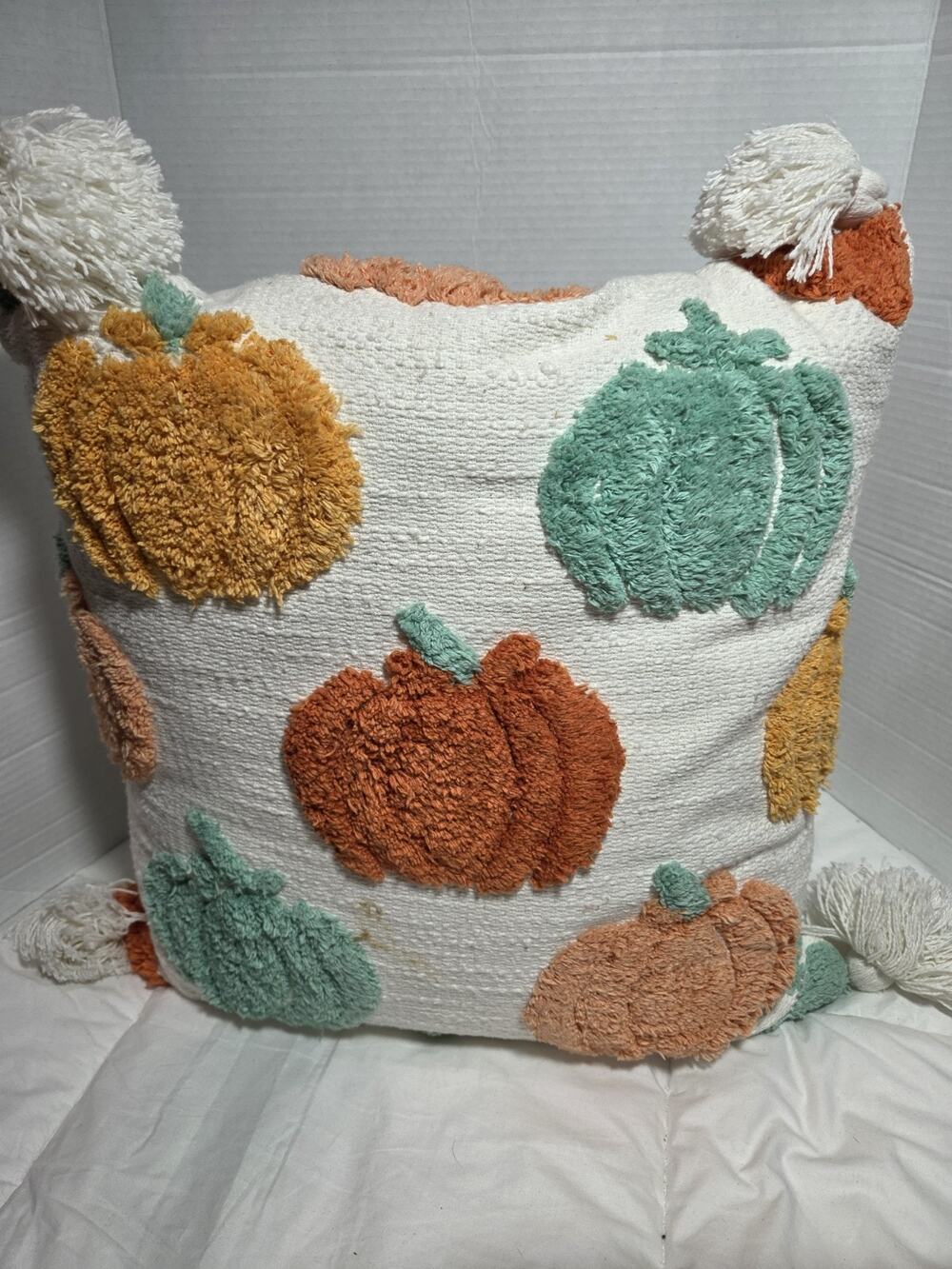 Well Dressed Home Autumn Harvest Fall Pumpkin Feathers Throw Pillow ChunkyTassel